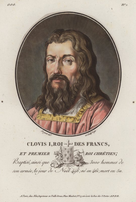 Clovis I, Rei dos Francos (gravura colorida) de European School