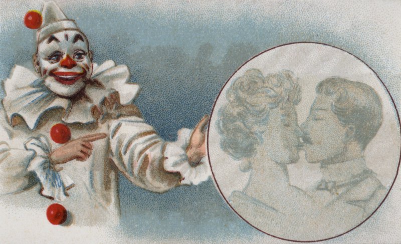 Palhaço a observar um casal a beijar-se (cromolitho) de European School