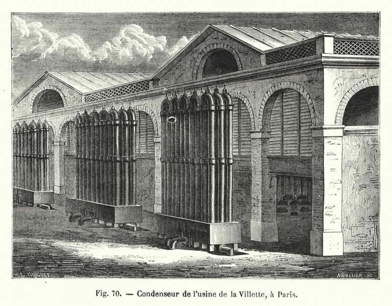Condensador da fábrica de Villette, em Paris (gravura) de European School