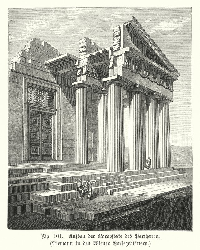 Construção do canto nordeste do Parthenon, Atenas, Grécia Antiga (gravura) de European School