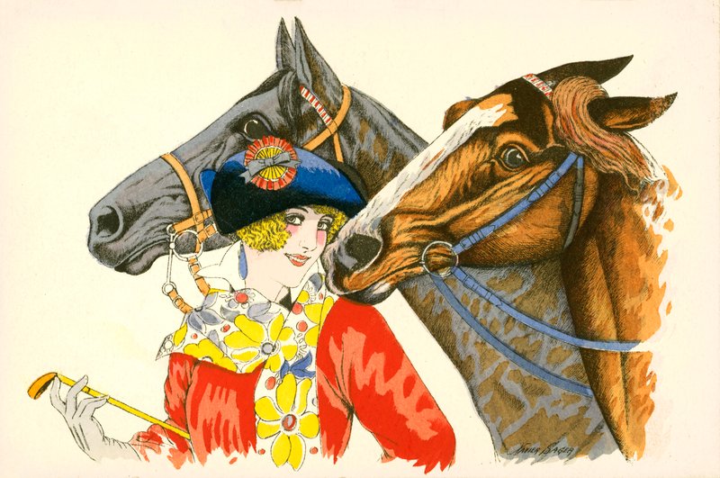 Mulher coquete, vestida de forma colorida, com uma boina com uma roseta, com dois cavalos (litografia a cores) de European School