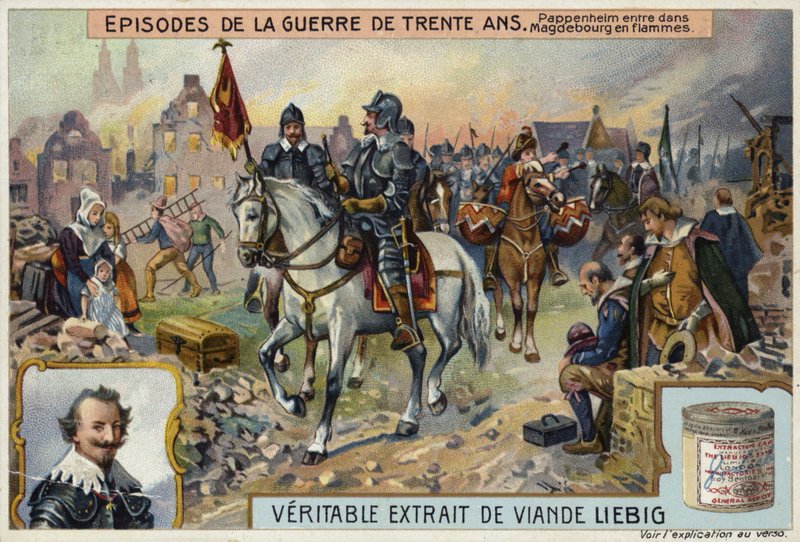 Conde Gottfried de Pappenheim entrando na cidade em chamas de Magdeburg, Alemanha, 1631 de European School