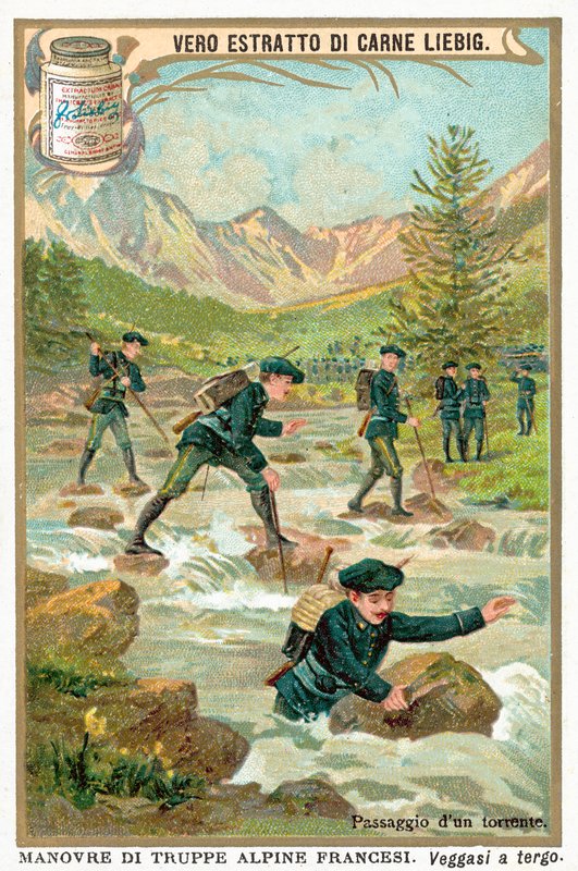 Atravessar uma torrente de montanha (chromolitho) de European School