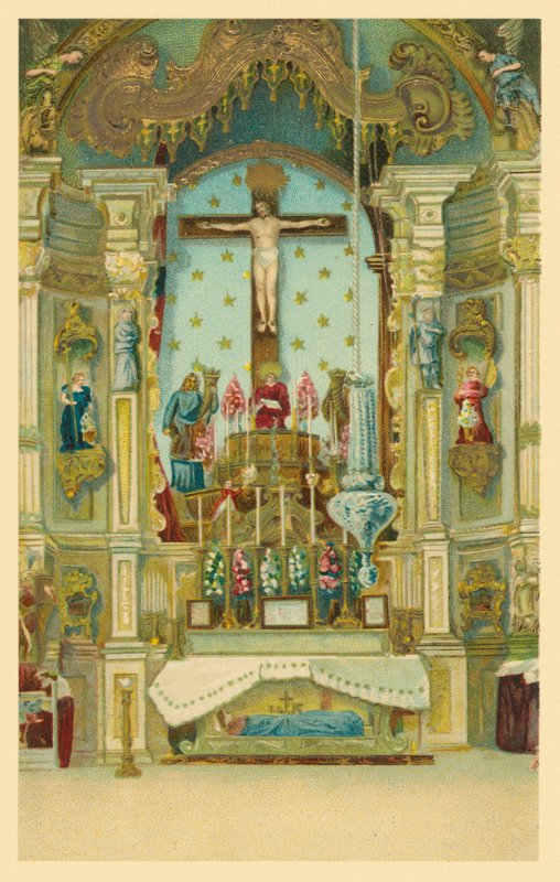 Figura de Cristo crucificado sobre um altar de igreja (cromolitho) de European School
