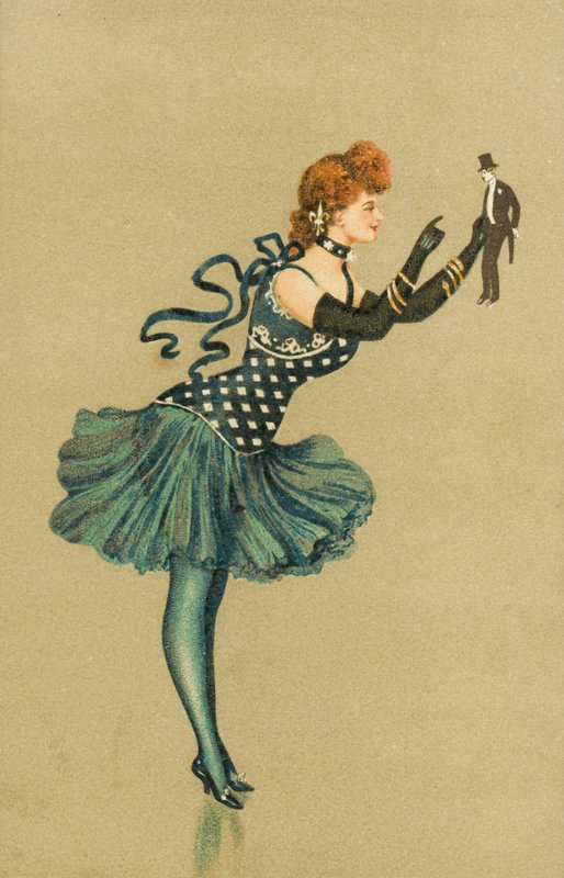 Bailarina segurando uma pequena figura de um homem (cromolitho) de European School