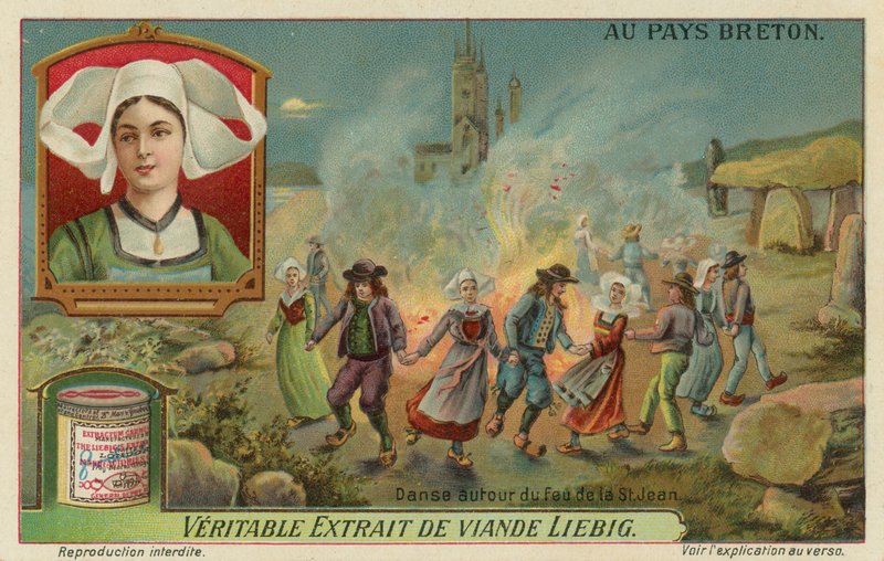 Dançando ao redor do fogo na véspera de São João (solstício de verão) (chromolitho) de European School