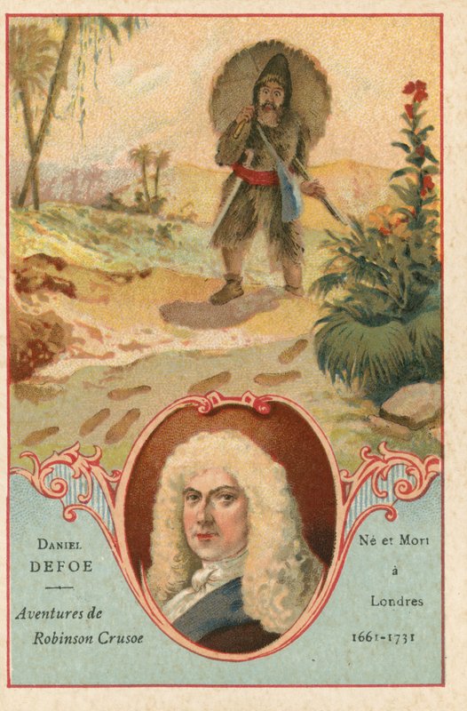 Daniel Defoe, romancista inglês e uma cena de Robinson Crusoe de European School