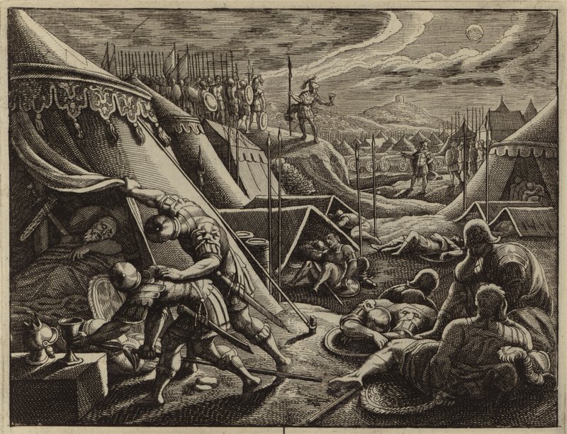David levando a lança de Saul e o jarro de água (gravura) de European School
