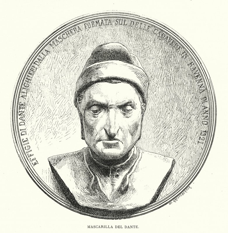 Máscara da morte de Dante Alighieri, poeta italiano medieval (litho) de European School