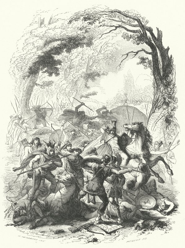 Derrota do exército romano sob Sabinus e Cotta pelos gauleses, 54 a.C. (gravura) de European School