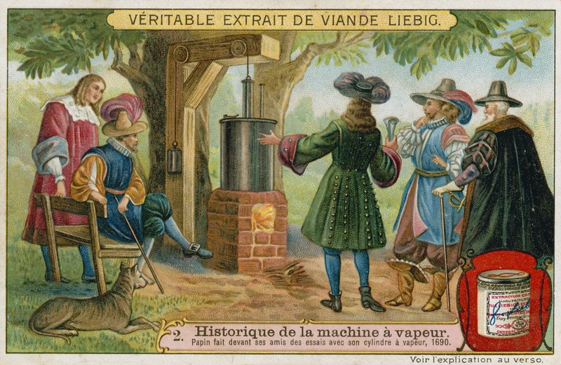 Denis Papin conduzindo testes de seu motor a vapor de pistão na frente de seus amigos, Marburg, Alemanha, 1690 de European School