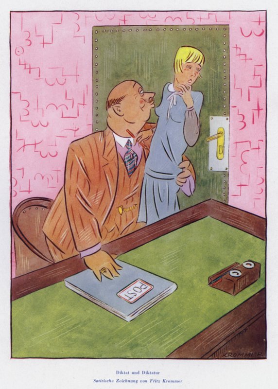Ditado, desenho satírico sobre o abuso sexual das mulheres no local de trabalho (litografia a cores) de European School