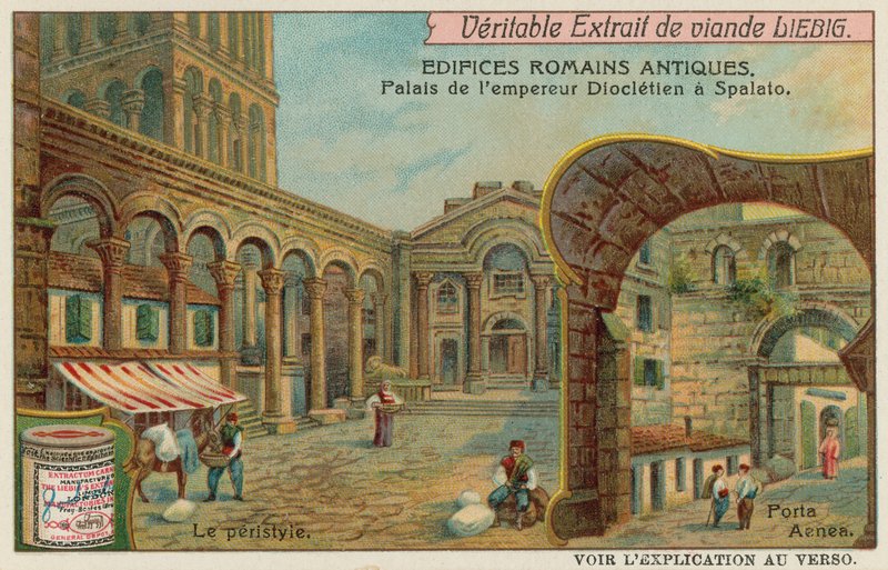Palácio de Diocleciano em Split na Croácia com pormenor da Colunata e da Porta do Mar do Sul (cromolitho) de European School