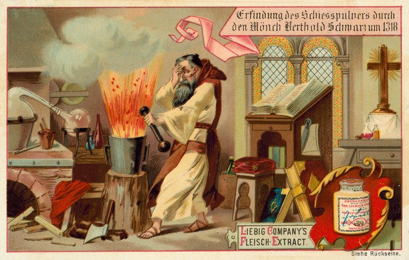 Descoberta da pólvora pelo monge Berthold Schwarz de European School
