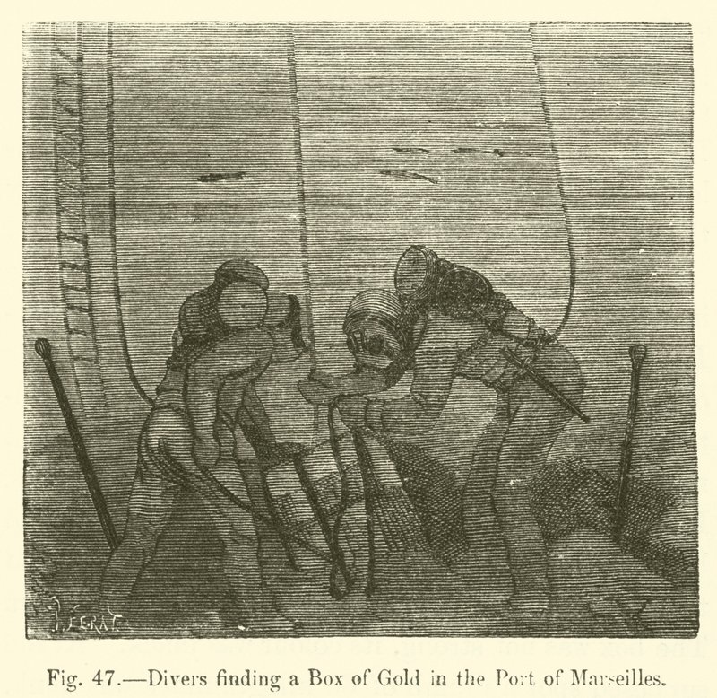 Mergulhadores encontrando uma Caixa de Ouro no Porto de Marselha (gravura) de European School