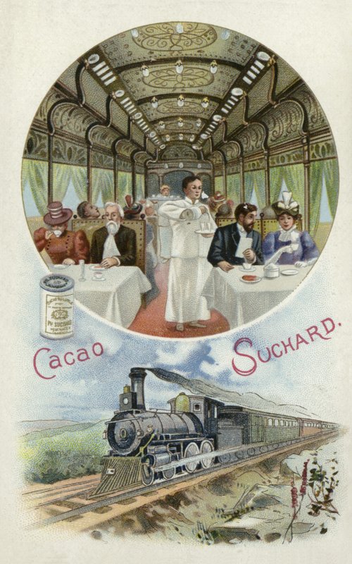 Beber cacau Suchard no vagão-restaurante de um trem de European School