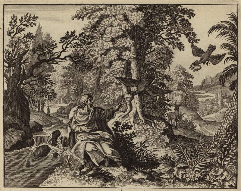 Elijah alimentado por corvos (gravura) de European School