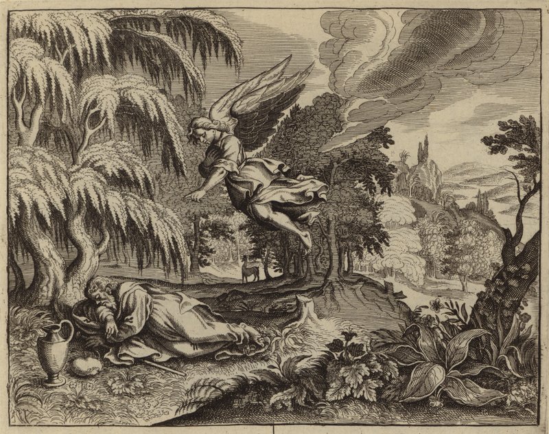 Elijah despertado por um anjo no deserto (gravura) de European School