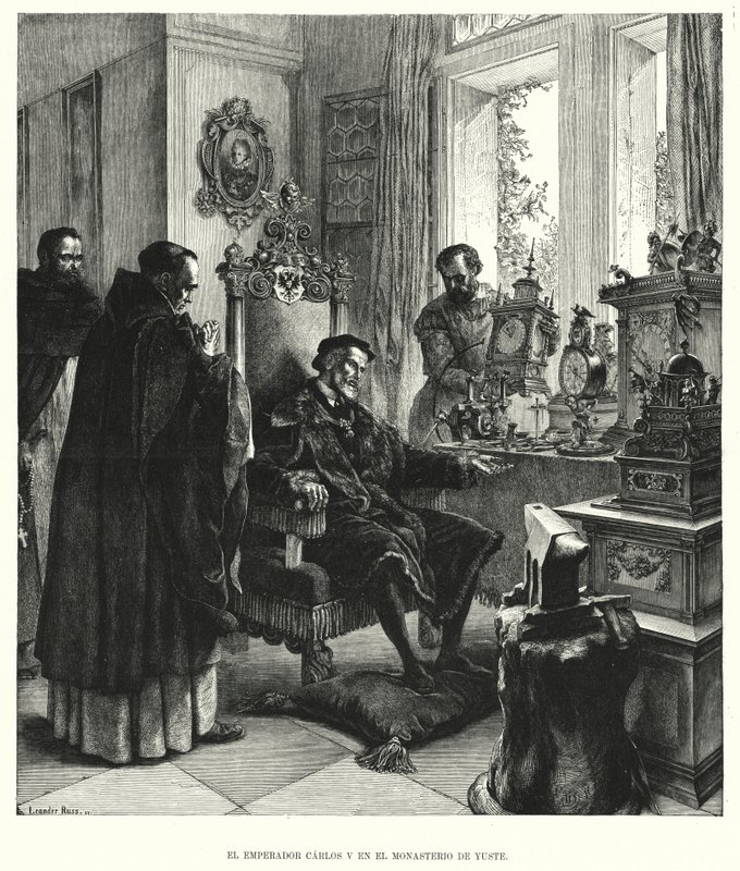 Imperador Carlos V em aposentadoria no Mosteiro de Yuste, Espanha, após sua renúncia (litho) de European School