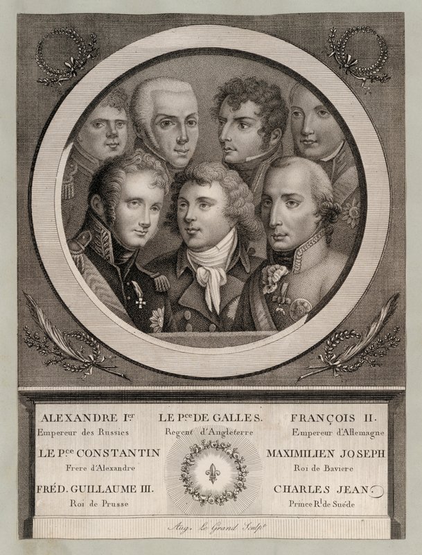 A realeza europeia do início do século XIX: Czar Alexandre I da Rússia; Jorge, Príncipe de Gales, Regente do Rei Jorge III; Francisco II, Sacro Imperador Romano-Germânico; Grão-Duque Konstantin Pavlovich da Rússia; Maximiliano José, Rei da Baviera e Eleito de European School