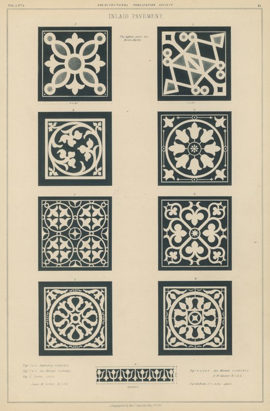 Exemplos de pavimentos incrustados do Baptistério e da Igreja de San Miniato al Monte, Florença, e da Catedral de Lucca, Itália (Litho) de European School