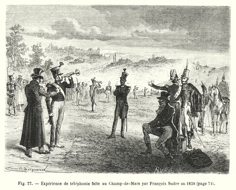Experiência de telefonia feita no Champ-de-Mars por François Sudre em 1829 (gravura) de European School