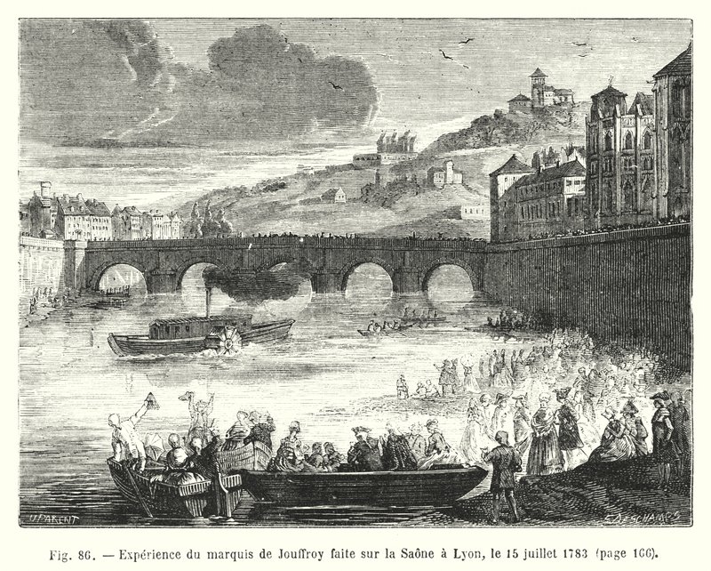 Experiência do Marquês de Jouffroy feita no Saone em Lyon, 15 de julho de 1783 (gravura) de European School
