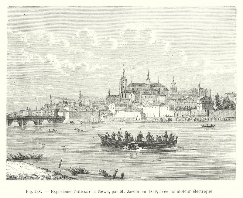 Experiência feita na Newa, por M Jacobi, em 1839, com um motor elétrico (gravura) de European School