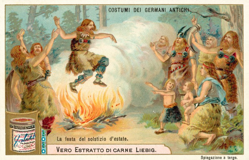 Festival do solstício de Verão, antiga Alemanha (chromolitho) de European School