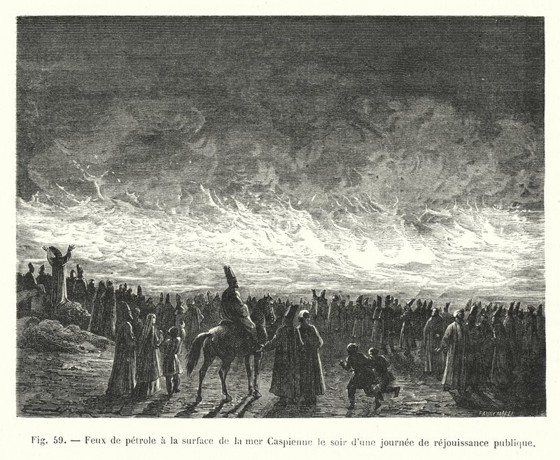 Incêndios de óleo na superfície do Mar Cáspio na noite de um dia de replay público (gravura) de European School