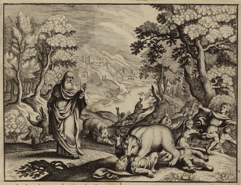 Quarenta e dois rapazes maltratados por ursos em castigo por abusarem de Elisha (gravura) de European School