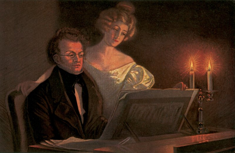 Franz Schubert ao piano (litografia a cores) de European School