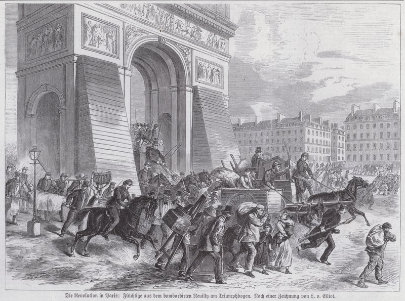 Fugitivos do bombardeio do Exército francês de Neuilly passando pelo Arco do Triunfo, Comuna de Paris, abril de 1871 (gravura) de European School