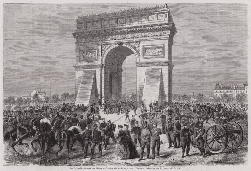 Soldados alemães no Arco do Triunfo, Paris, após assegurarem a vitória na Guerra Franco-Prussiana, 2 de Março de 1871 (gravura) de European School
