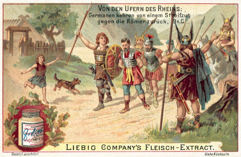 Guerreiros germânicos que regressam de uma rusga contra os romanos, 9 AD (chromolitho) de European School