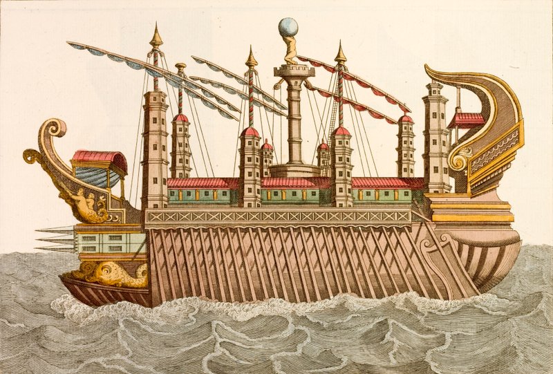 Barcaça gigante do Imperador Romano Calígula (gravura colorida) de European School
