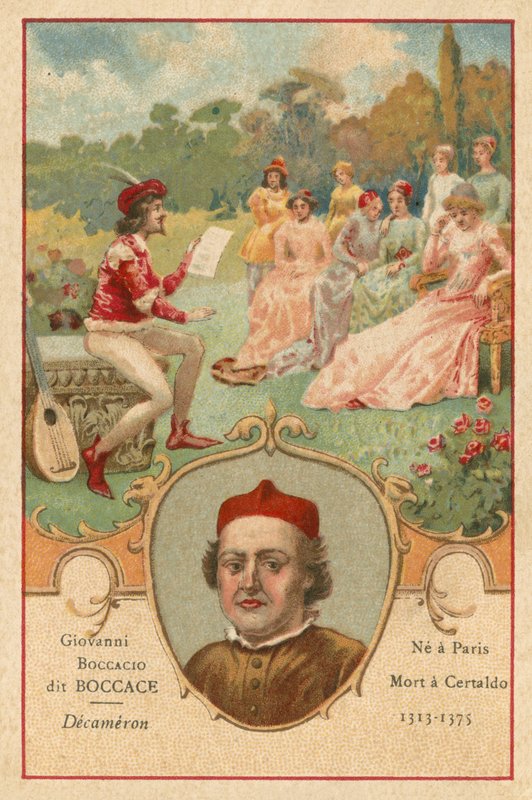 Giovanni Boccaccio, escritor e poeta italiano, e uma cena do The Decameron de European School