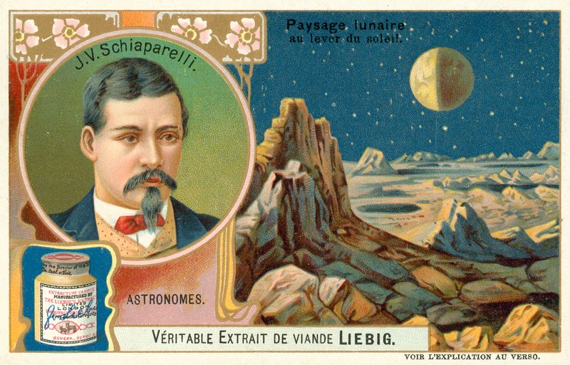 Giovanni Schiaparelli e a superfície da Lua ao nascer do sol (chromolitho) de European School