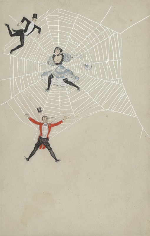 Rapariga a apanhar homens numa teia de aranha (litografia a cores) de European School