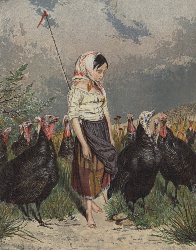 Menina que cuida de um bando de perus (cor litho) de European School