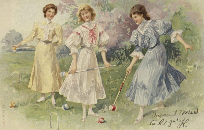 Raparigas a jogar croquet (cromolitho) de European School