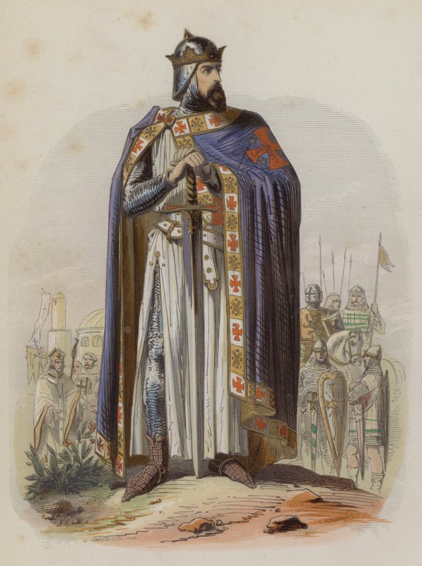Godfrey de Bouillon, líder franco da Primeira Cruzada e primeiro governante do Reino de Jerusalém (gravura colorida) de European School