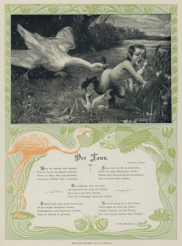 Goose chasing a faun (gravura colorida) de European School