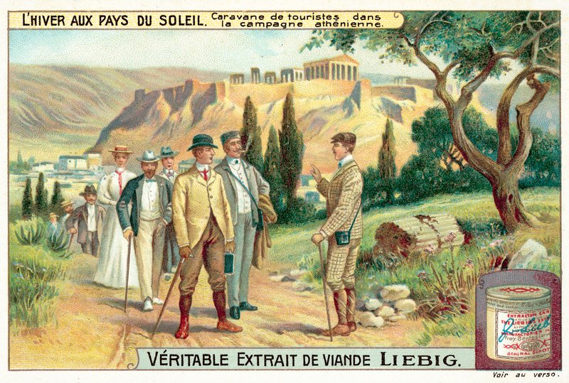 Grupo de turistas na zona rural ateniense (chromolitho) de European School