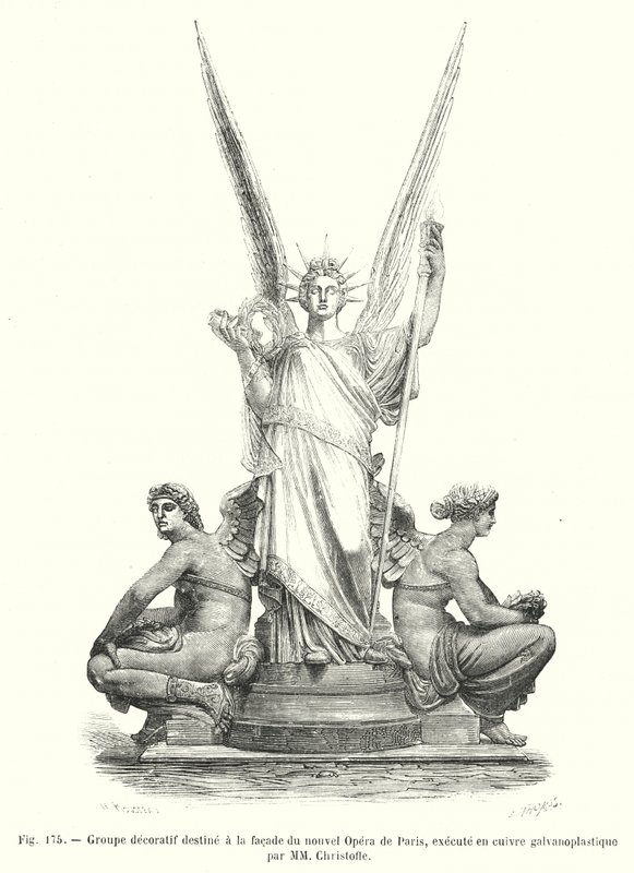 Grupo decorativo para a fachada da nova Ópera de Paris, executado em cobre galvanoplástico por MM Christofle (gravura) de European School