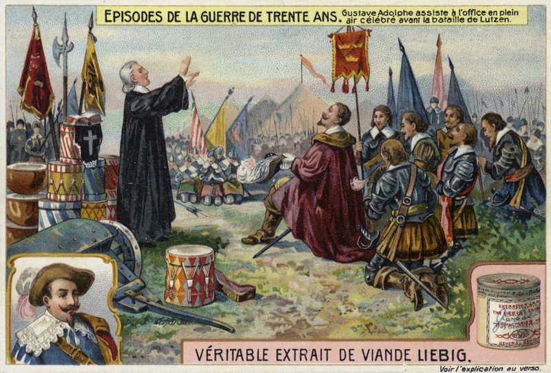 Gustavus Adolphus da Suécia assiste a um serviço ao ar livre antes da Batalha de Lutzen, Alemanha, 1632 de European School