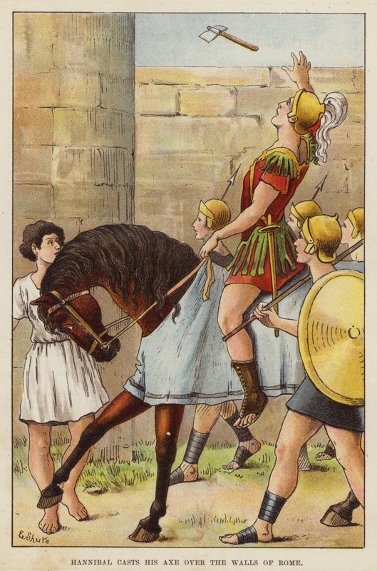 Aníbal lançando seu machado sobre os muros de Roma (cromolito) de European School