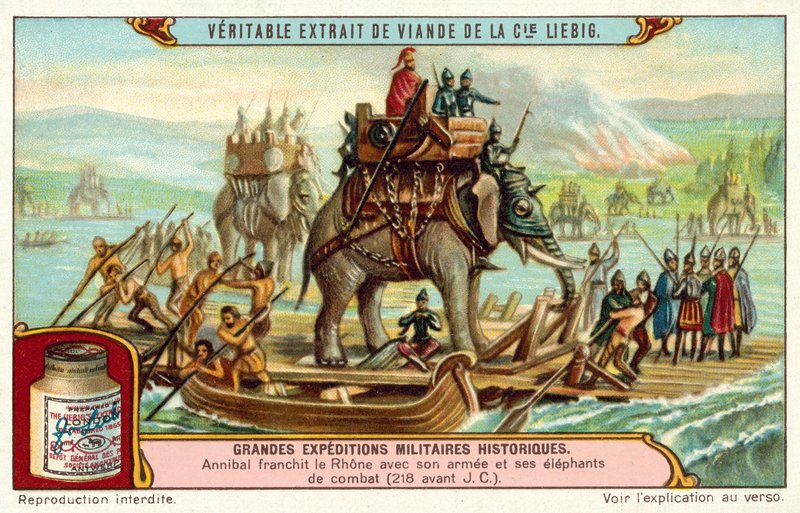 Hannibal atravessando o Ródano com o seu exército e elefantes, 218 AC (cromolitho) de European School