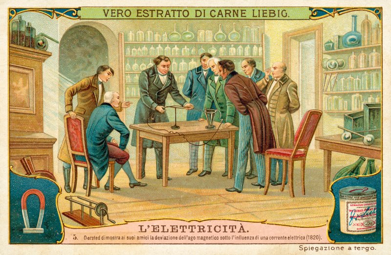 Hans Christian Oersted mostrando aos seus amigos o desvio da agulha magnética sob a influência de uma corrente elétrica, 1820 de European School