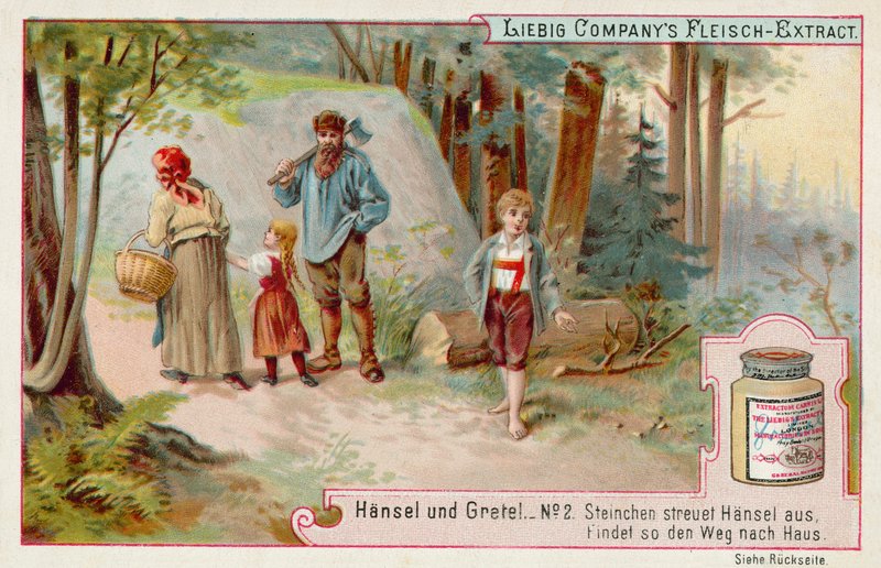 Hansel e Gretel: Hansel deixando um rasto de seixos para encontrar o caminho de casa (chromolitho) de European School